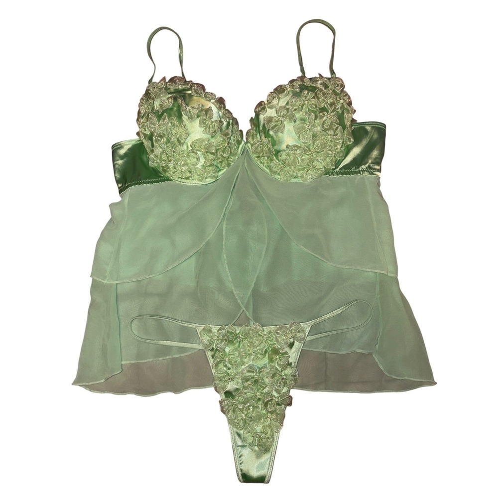Vintage Delicates Lime Green Floral Applique Babydoll Lingerie Set Y2K 90s XL 7